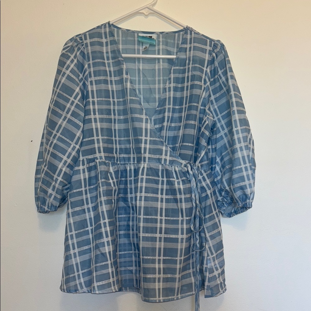 Blue Plaid Wrap Blouse